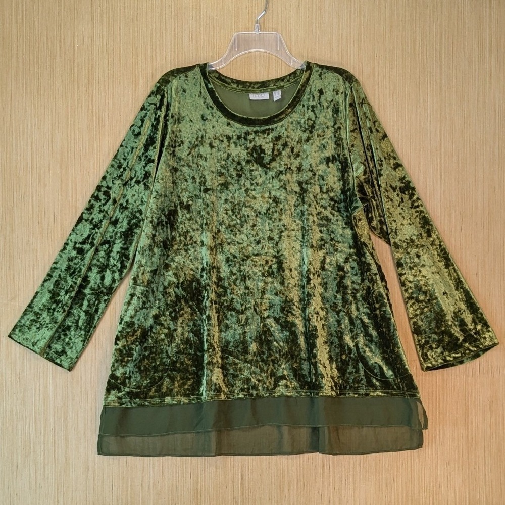 Emerald Green Crushed Velvet Boho Forest Fairy Tunic Top 2X Sheer Hem Stretch